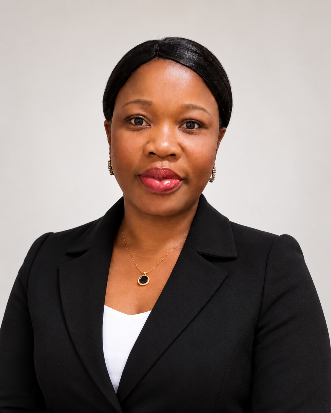 A studio portrait of a woman in a black blazer over a white top, against a light grey background.
