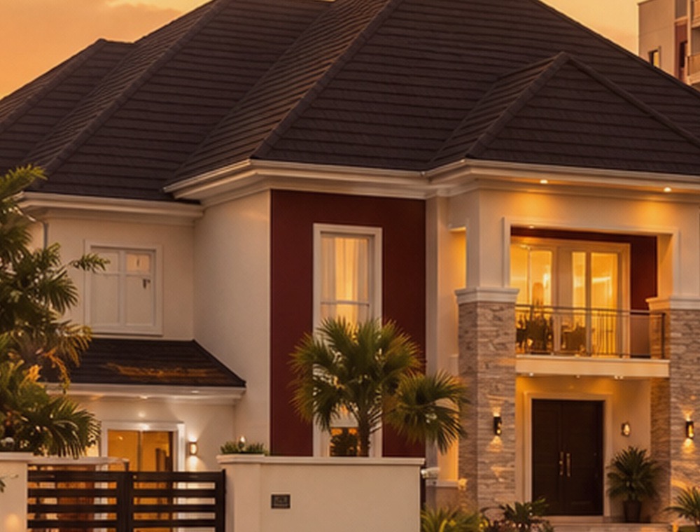 A contemporary two-storey home at dusk, lit from within.